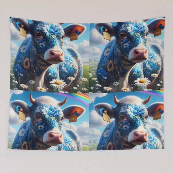 Item preview, Free floral blue tattoed cow lying on daisy meadow under a rainbow and with a FREE sign tag in the ear designed and sold by EmeraldeaArt.