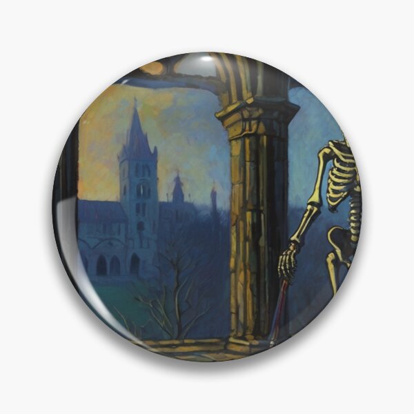 Item preview, Skeleton walking around a gothic castle expressionist art painting designed and sold by Vintage Designs +.