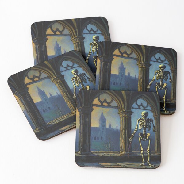 Item preview, Skeleton walking around a gothic castle expressionist art painting designed and sold by Vintage Designs +.