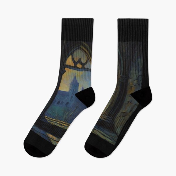 Item preview, Skeleton walking around a gothic castle expressionist art painting designed and sold by Vintage Designs +.