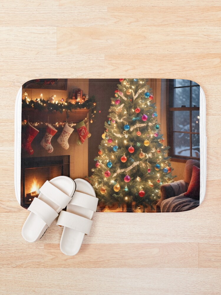 Thumbnail 1 of 6, Bath Mat, Christmas Tree by the Fireplace designed and sold by RobiCom.