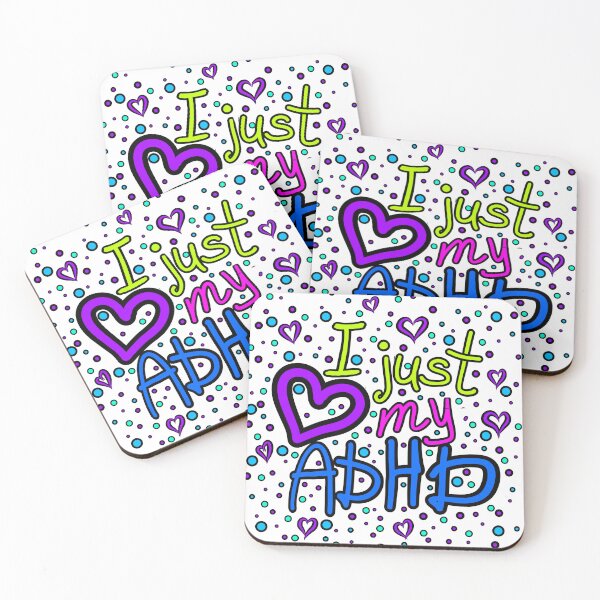 Item preview, The inscription "I just love my ADHD" handwritten on a white background - hearts, colorful bubbles in a cartoon style - vivid colors: magenta, green, purple, pink, blue,navy blue.1 designed and sold by My-fake-places.
