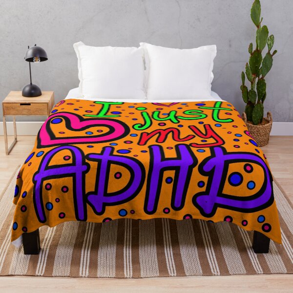 Item preview, The inscription "I just love my ADHD" handwritten on a orange background - hearts, colorful bubbles in a cartoon style - vivid colors: magenta, green, purple,navy blue, red.3 designed and sold by My-fake-places.