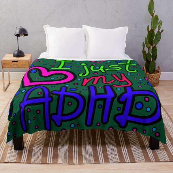 Item preview, The inscription "I just love my ADHD" handwritten on a dark background - hearts, colorful bubbles in a cartoon style - vivid colors: magenta, green, purple, blue, navy blue.4 designed and sold by My-fake-places.
