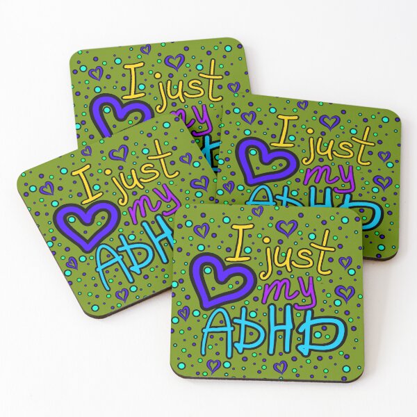 Item preview, The inscription "I just love my ADHD" handwritten on a dark background - hearts, colorful bubbles in a cartoon style - vivid colors: purple, blue, yellow,navy blue.1 designed and sold by My-fake-places.