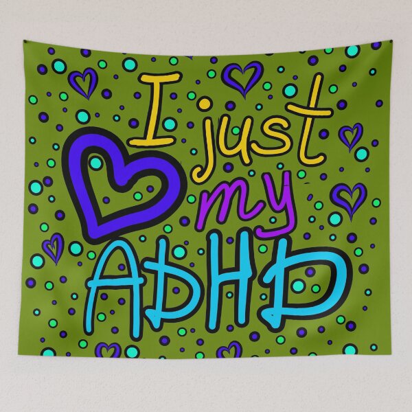 Item preview, The inscription "I just love my ADHD" handwritten on a dark background - hearts, colorful bubbles in a cartoon style - vivid colors: purple, blue, yellow,navy blue.1 designed and sold by My-fake-places.