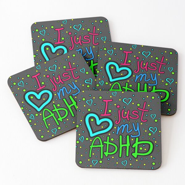 Item preview, The inscription "I just love my ADHD" handwritten on a dark background - hearts, colorful bubbles in a cartoon style - vivid colors: magenta, green, blue, red.1 designed and sold by My-fake-places.