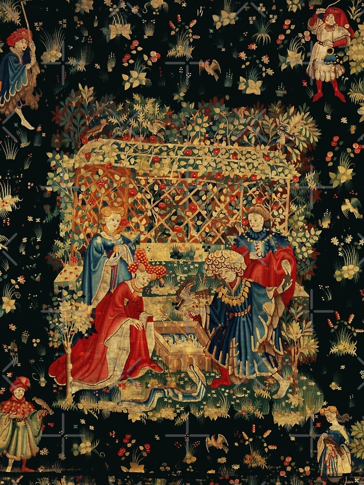 FALCONS BATH Red Blue Antique Medieval Tapestry,Court Figures,Birds,  Flowers ,Rose Trellis | A-Line Dress