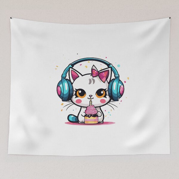 Item preview, Cute Cat with Headphones and Birthday Cake – Fun Cat Design for Music and Party Lovers designed and sold by InwzaDesign.