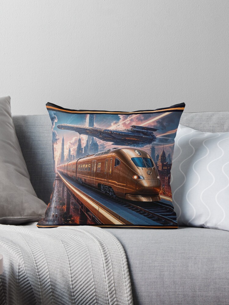 Copper High-Speed Train And Spacecraft In A Futuristic Cityscape Breathtaking AI Concept Art by Xzendor7 Decorative Art Print Throw Pillow