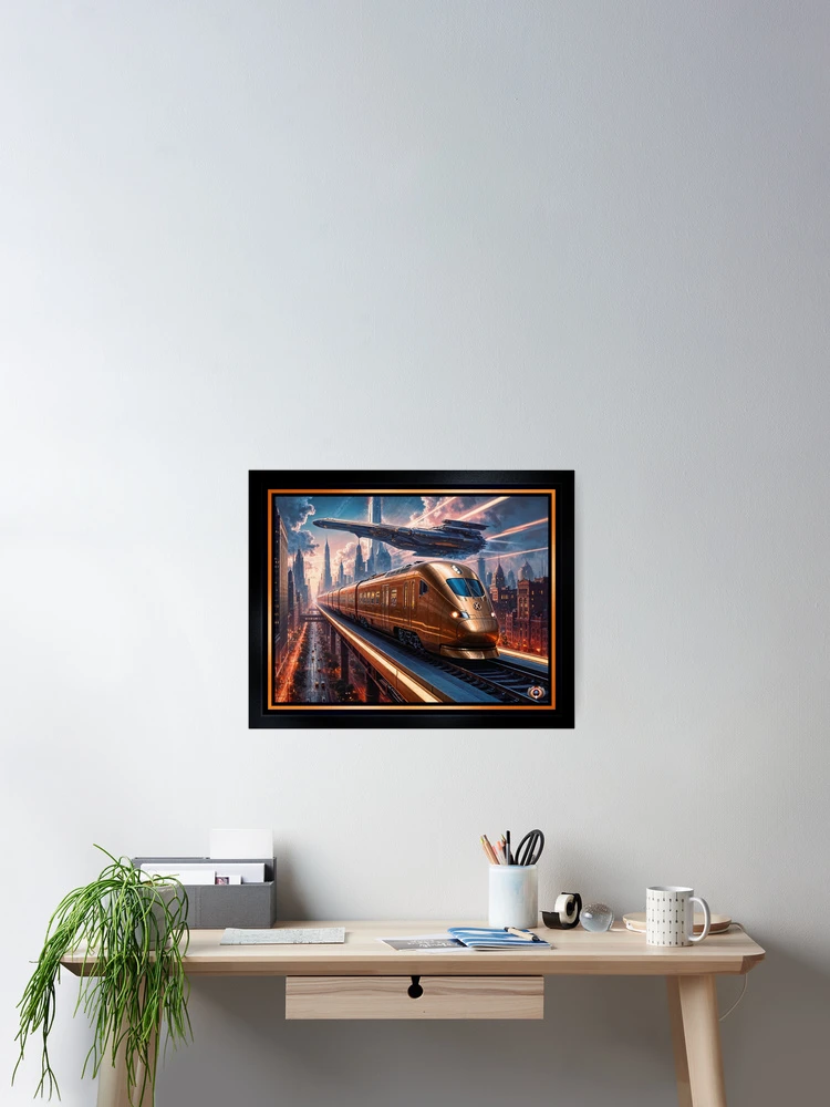 Copper High-Speed Train And Spacecraft In A Futuristic Cityscape Breathtaking AI Concept Art by Xzendor7 Wall Decor Poster Art Print