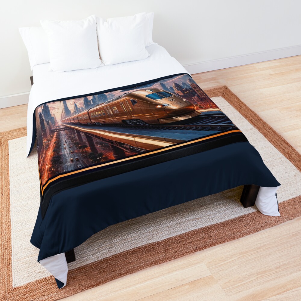 Copper High-Speed Train And Spacecraft In A Futuristic Cityscape Breathtaking AI Concept Art by Xzendor7 Decorative Art Print Comforter
