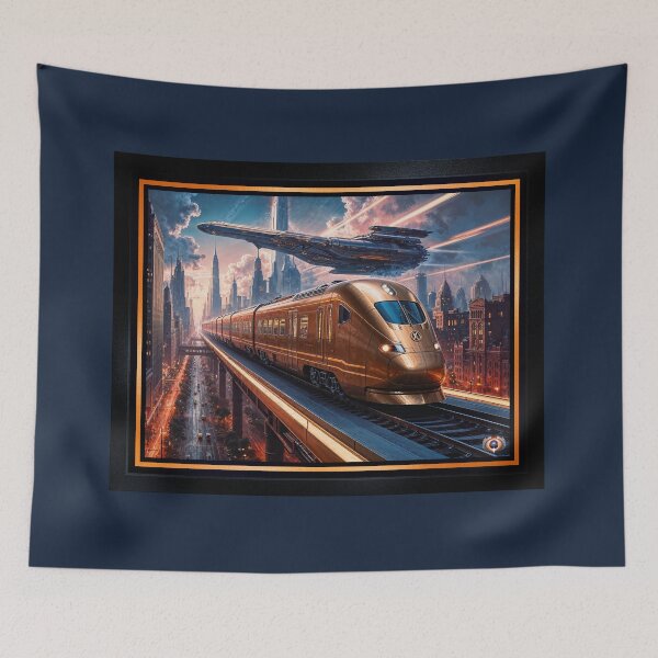 Item preview, Copper High-Speed Train And Spacecraft In A Futuristic Cityscape Breathtaking AI Concept Art by Xzendor7 designed and sold by Xzendor7 Digital Art Creations.