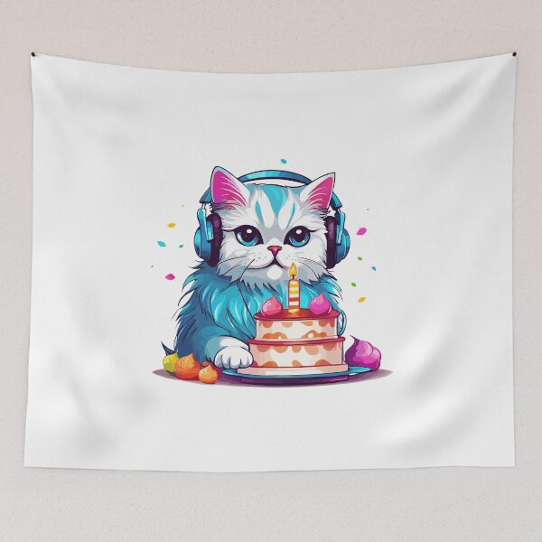 Item preview, Persian Cat with Headphones and Birthday Cake – Fun Cat Design for Music and Birthday Lovers designed and sold by InwzaDesign.