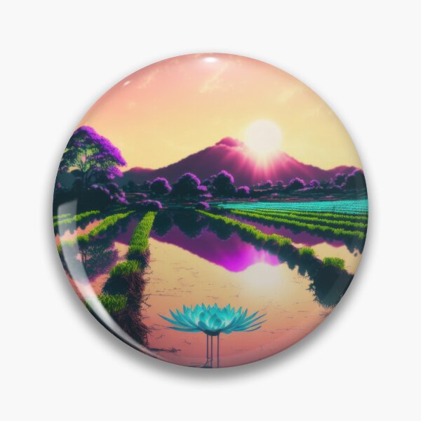 Item preview, Neon Landscape of Rice Paddies with Lotus and Sunset designed and sold by AdamesArtStudio.