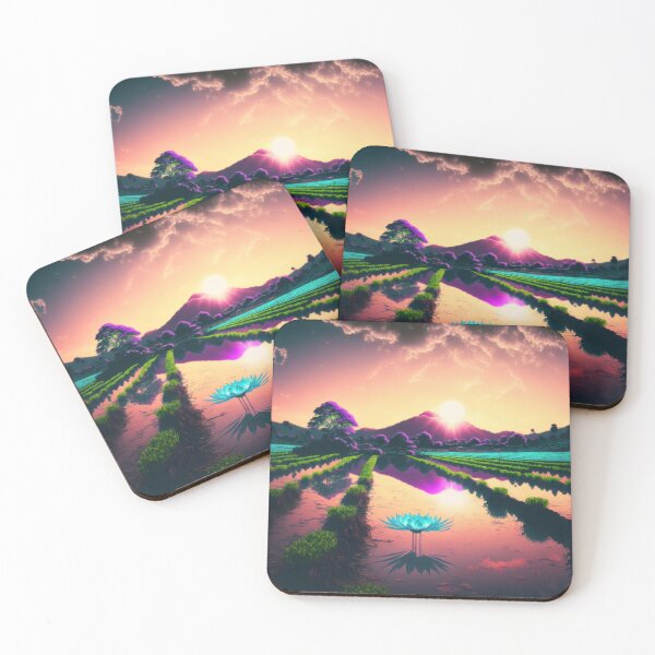 Item preview, Neon Landscape of Rice Paddies with Lotus and Sunset designed and sold by AdamesArtStudio.