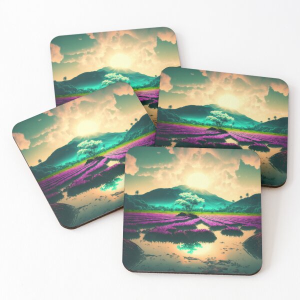 Item preview, Neon Rice Paddies with Mountain Sunset and Reflections designed and sold by AdamesArtStudio.