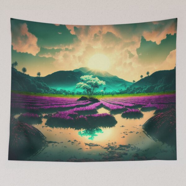 Item preview, Neon Rice Paddies with Mountain Sunset and Reflections designed and sold by AdamesArtStudio.
