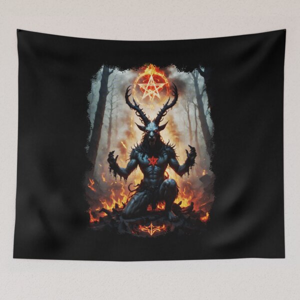 Item preview, Demonic Baphomet with Bloody Pentagram in Foggy Forest, halftone style designed and sold by Tong4130.