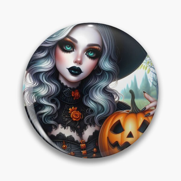 Item preview, Silver hair witch in orange embroidered dress holding a jackolantern in a forest art designed and sold by EmeraldeaArt.