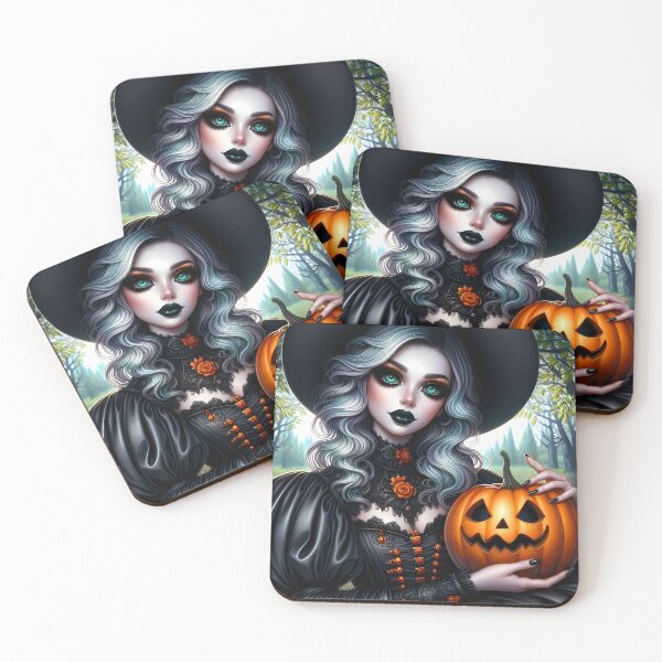 Item preview, Silver hair witch in orange embroidered dress holding a jackolantern in a forest art designed and sold by EmeraldeaArt.