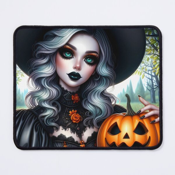 Item preview, Silver hair witch in orange embroidered dress holding a jackolantern in a forest art designed and sold by EmeraldeaArt.