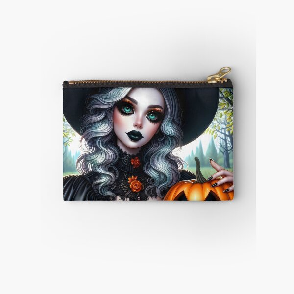 Item preview, Silver hair witch in orange embroidered dress holding a jackolantern in a forest art designed and sold by EmeraldeaArt.