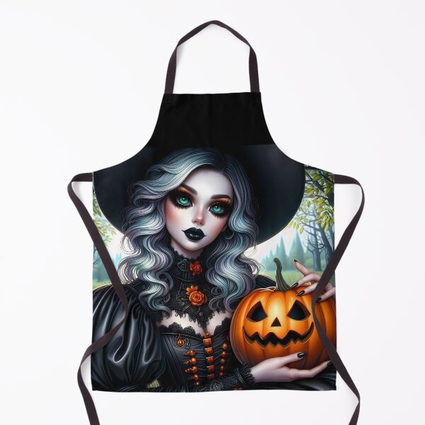 Item preview, Silver hair witch in orange embroidered dress holding a jackolantern in a forest art designed and sold by EmeraldeaArt.