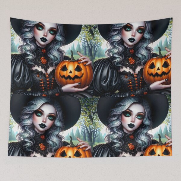 Item preview, Silver hair witch in orange embroidered dress holding a jackolantern in a forest art designed and sold by EmeraldeaArt.