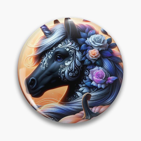 Item preview, Floral tattooed black horse unicorn among flowers againt a full moon backdrop with a pumpkin designed and sold by EmeraldeaArt.