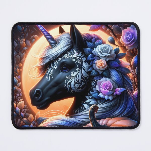 Item preview, Floral tattooed black horse unicorn among flowers againt a full moon backdrop with a pumpkin designed and sold by EmeraldeaArt.