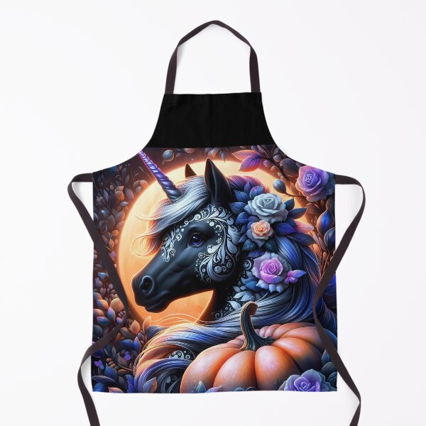 Item preview, Floral tattooed black horse unicorn among flowers againt a full moon backdrop with a pumpkin designed and sold by EmeraldeaArt.