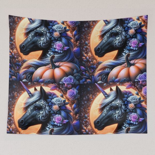 Item preview, Floral tattooed black horse unicorn among flowers againt a full moon backdrop with a pumpkin designed and sold by EmeraldeaArt.