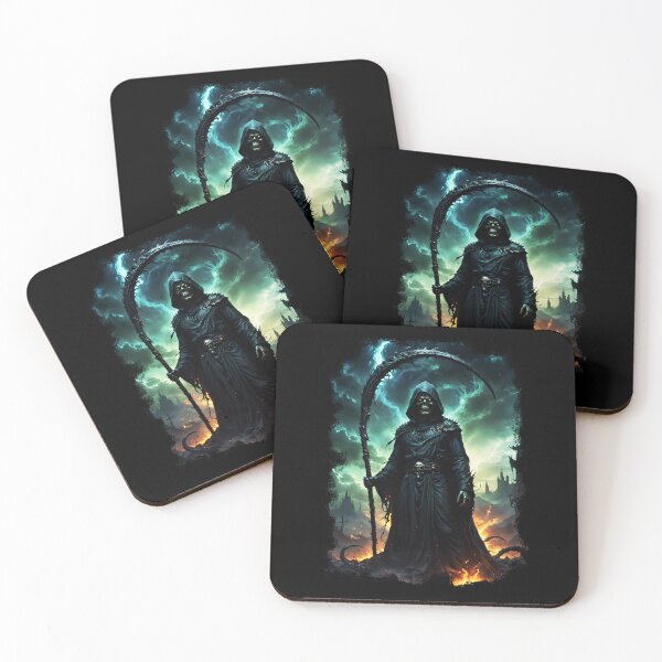 Item preview, Grim Reaper with Glowing Scythe in Dark Eerie Landscape, halftone style designed and sold by Tong4130.