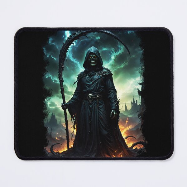 Item preview, Grim Reaper with Glowing Scythe in Dark Eerie Landscape, halftone style designed and sold by Tong4130.