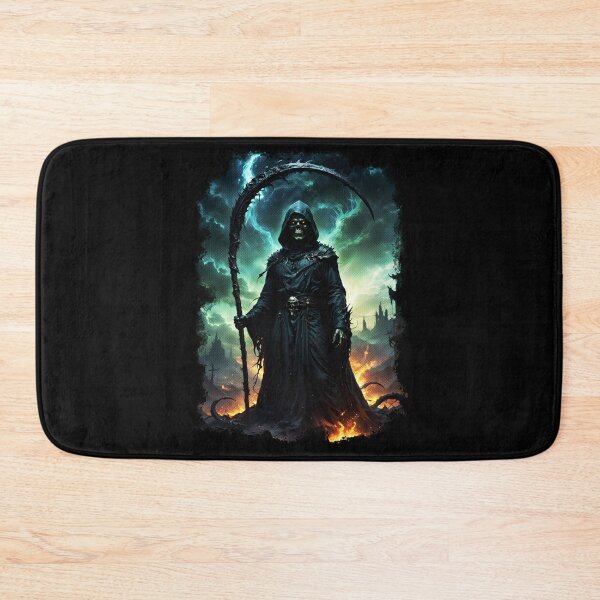 Item preview, Grim Reaper with Glowing Scythe in Dark Eerie Landscape, halftone style designed and sold by Tong4130.