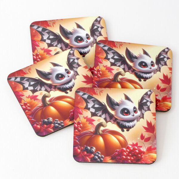 Item preview, Cute Harlequin Bat and jackolantern among fall leaves and autumn berries art designed and sold by EmeraldeaArt.