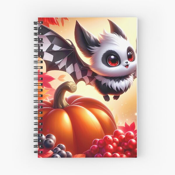 Item preview, Cute Harlequin Bat and jackolantern among fall leaves and autumn berries art designed and sold by EmeraldeaArt.