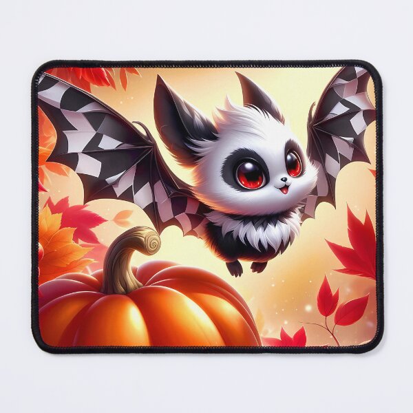 Item preview, Cute Harlequin Bat and jackolantern among fall leaves and autumn berries art designed and sold by EmeraldeaArt.
