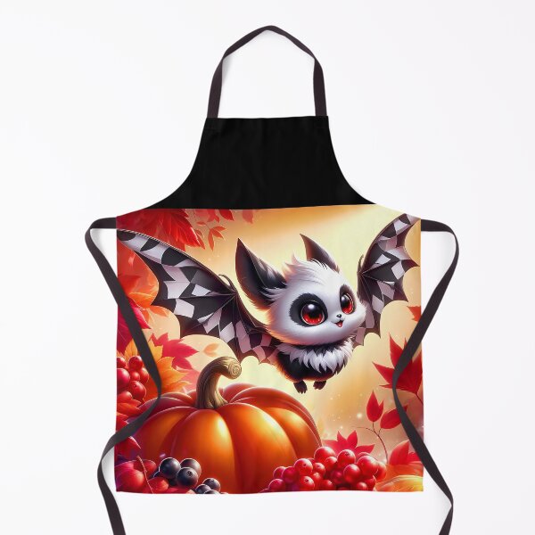 Item preview, Cute Harlequin Bat and jackolantern among fall leaves and autumn berries art designed and sold by EmeraldeaArt.