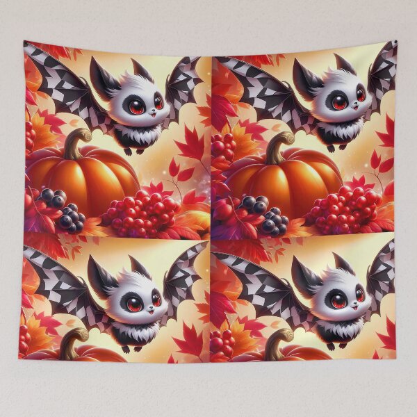 Item preview, Cute Harlequin Bat and jackolantern among fall leaves and autumn berries art designed and sold by EmeraldeaArt.