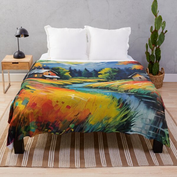 Item preview, landscape, houses on the river bank designed and sold by DonnaBlankaArt.