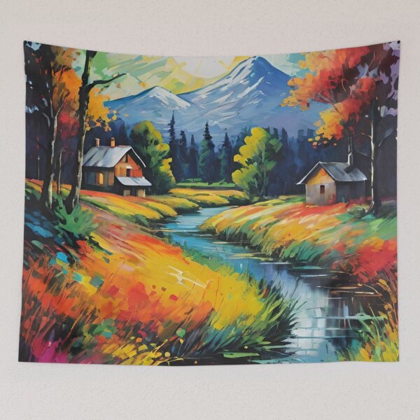 Item preview, landscape, houses on the river bank designed and sold by DonnaBlankaArt.