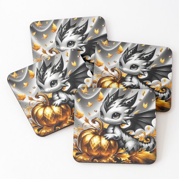 Artikelvorschau, Harlekin-Drachenbaby mit goldenem Kürbis und goldenen Blättern entworfen und verkauft von EmeraldeaArt.