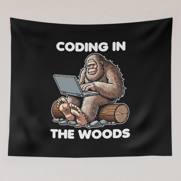 Artikelvorschau, Bigfoot mit Laptop - Programmieren im Wald entworfen und verkauft von MaateoDesign.