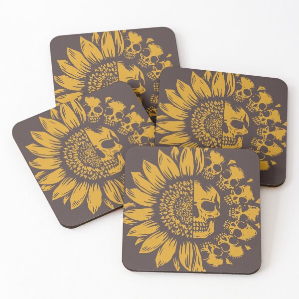 Item preview, Skullflower design of a series of skulls crossed with a glorious lino cut yellow sunflower designed and sold by ReFreshU Shop Designs.