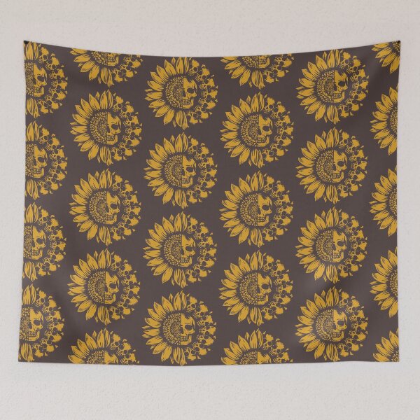 Item preview, Skullflower design of a series of skulls crossed with a glorious lino cut yellow sunflower designed and sold by ReFreshU Shop Designs.