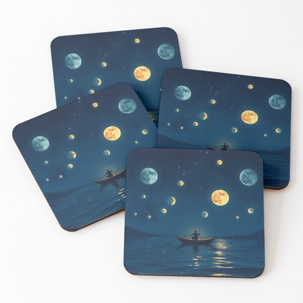 Item preview, Night Journey: A Man Rowing Through Glowing Moons – Digital Art Illustration designed and sold by hjian8219.