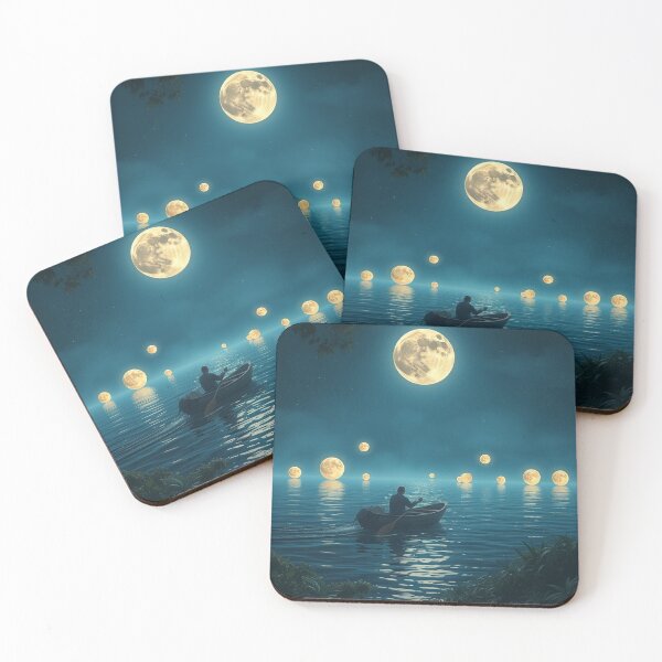 Item preview, Night Journey: A Man Rowing Through Glowing Moons – Digital Art Illustration designed and sold by hjian8219.