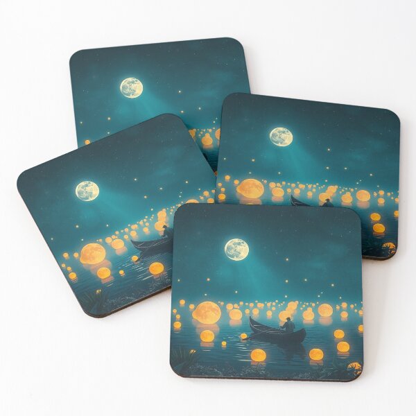 Item preview, Night Journey: A Man Rowing Through Glowing Moons – Digital Art Illustration designed and sold by hjian8219.